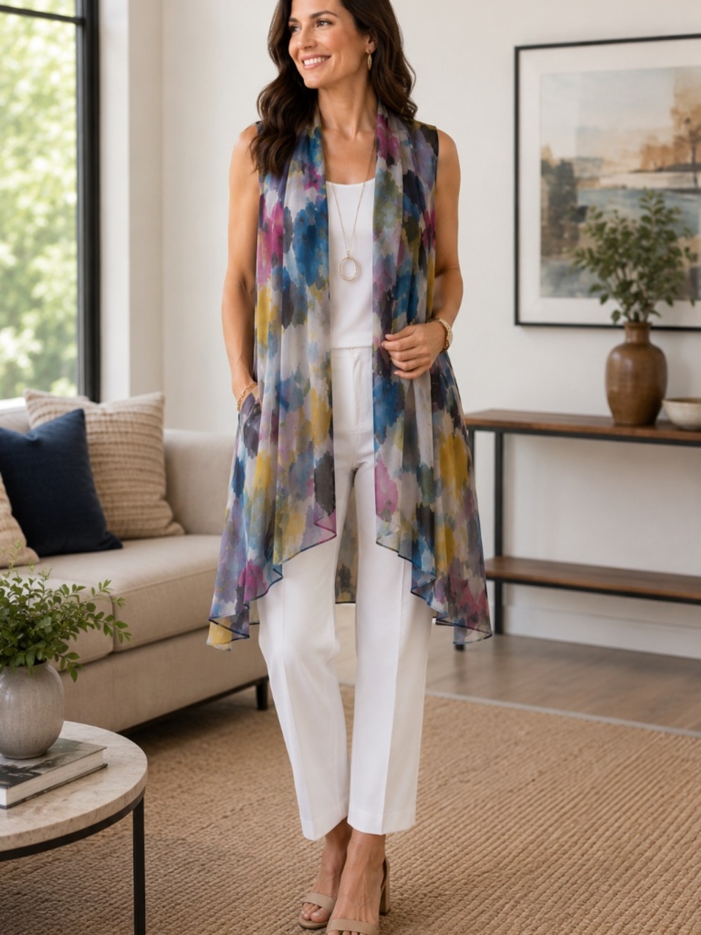 Kozan Bora Mesh Duster Vest NWT Large/1X Abstract Art Print Pockets